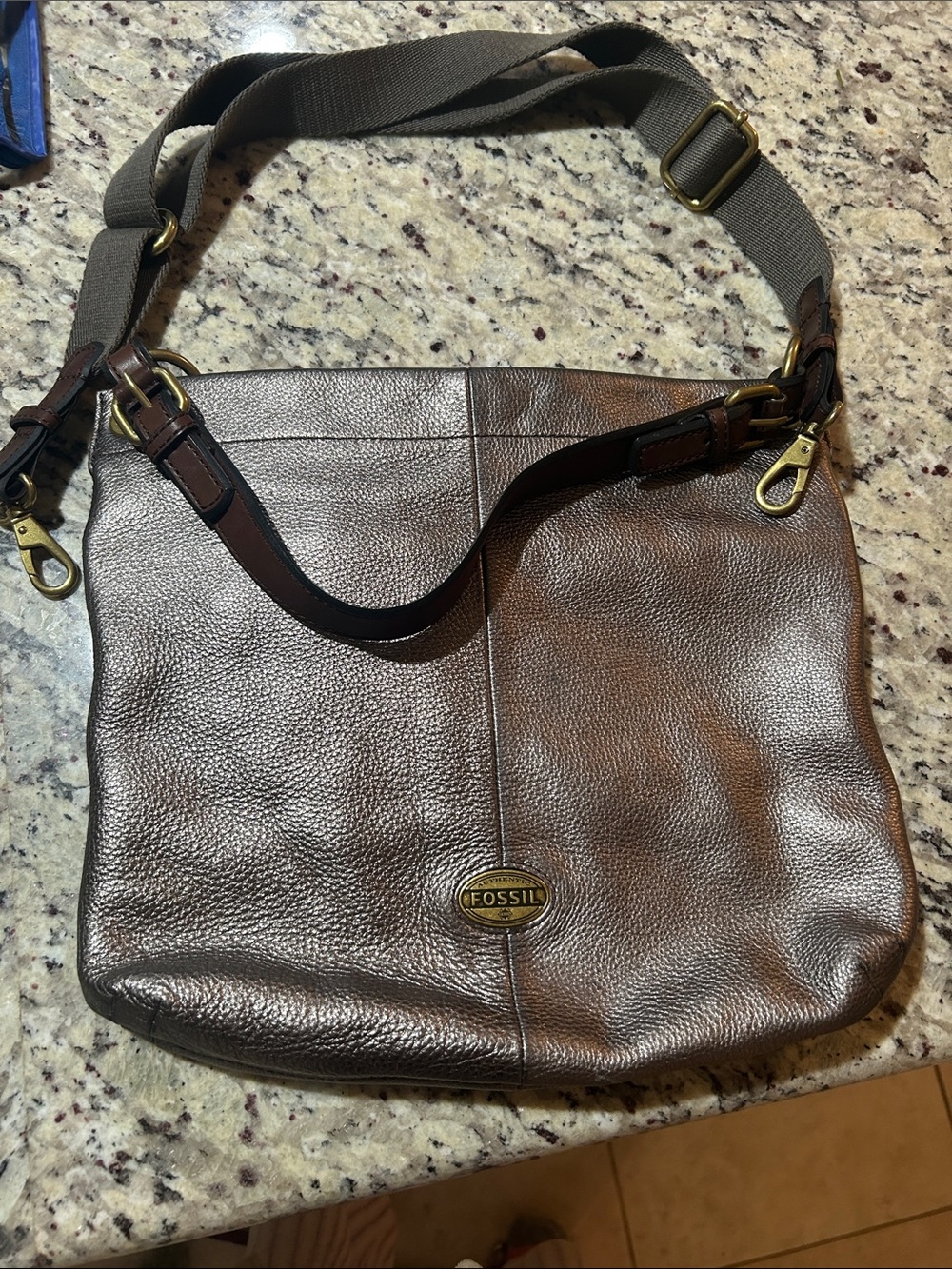 Fossil Brown Pebbled Leather Shoulder Bag with Adjustable Canvas Strap
